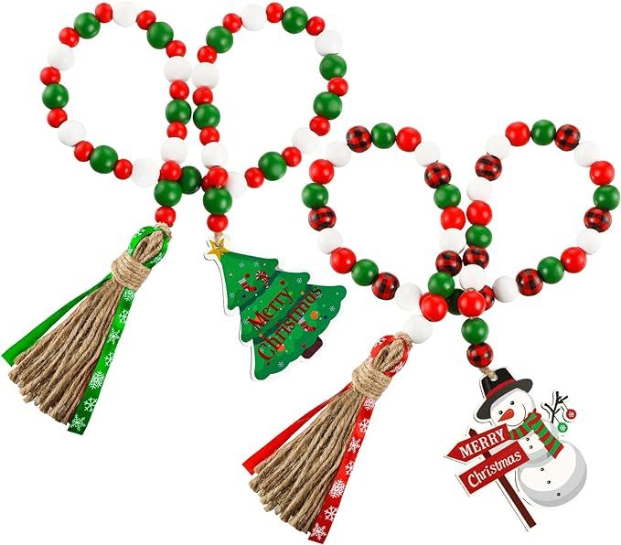 Christmas Wooden Bead Garland with Tassels, Decorated with Christmas Tree Ornament, 2 Pieces Wood... | Amazon (US)