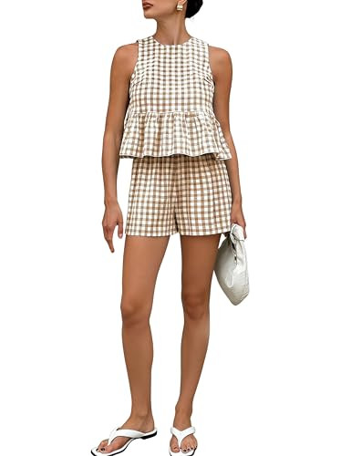 VATEAMI Womens 2 Piece Lounge Sets Gingham Plaid Sleeveless Ruffle Tank Tops and Shorts Sets Summer Matching Outfits (Brown-L) | Amazon (US)