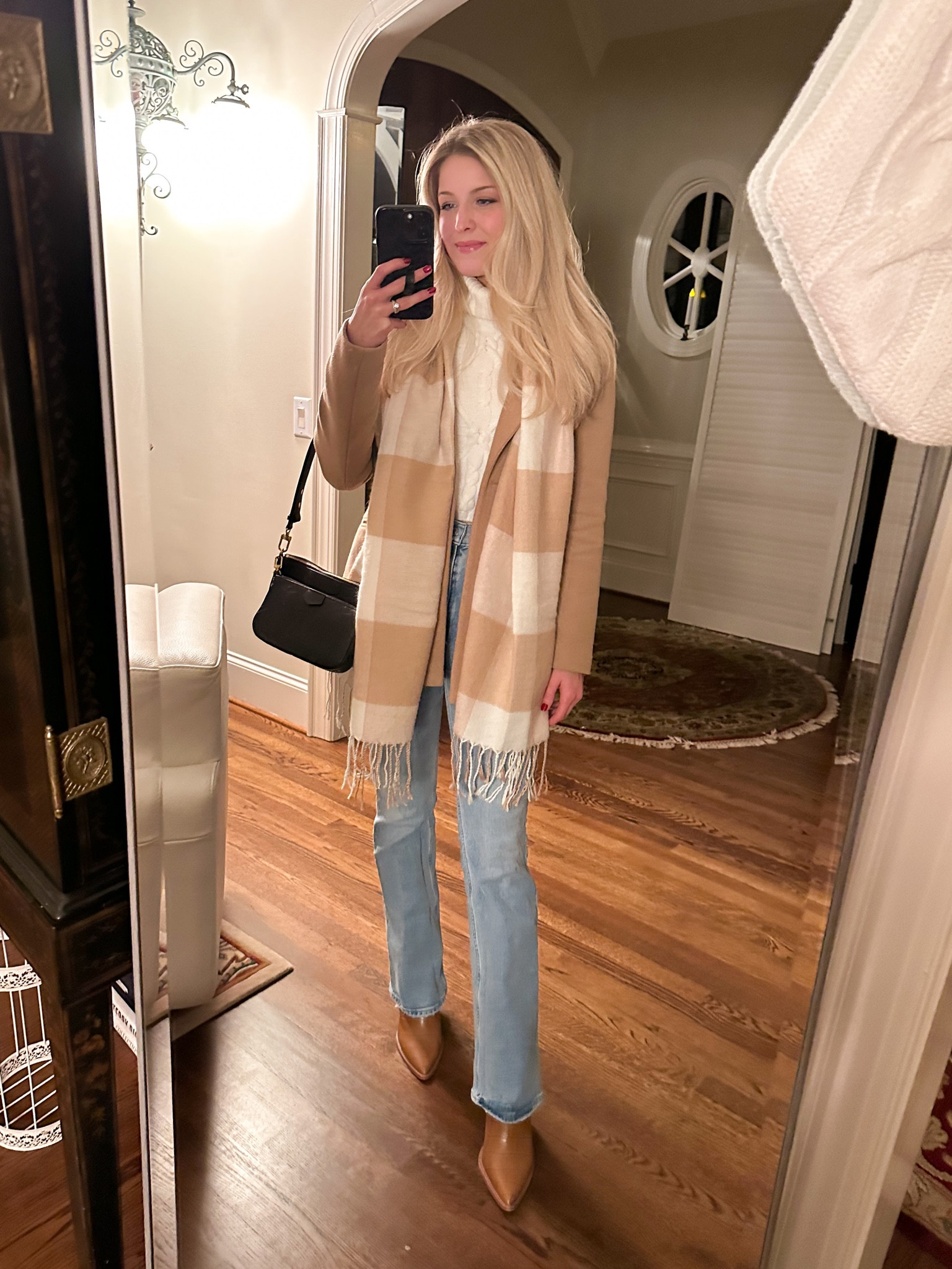 Winter outfit. Neutral holiday outfit. Chunky scarf, flare jeans, white turtleneck 

#LTKunder50 #LTKsalealert #LTKunder100