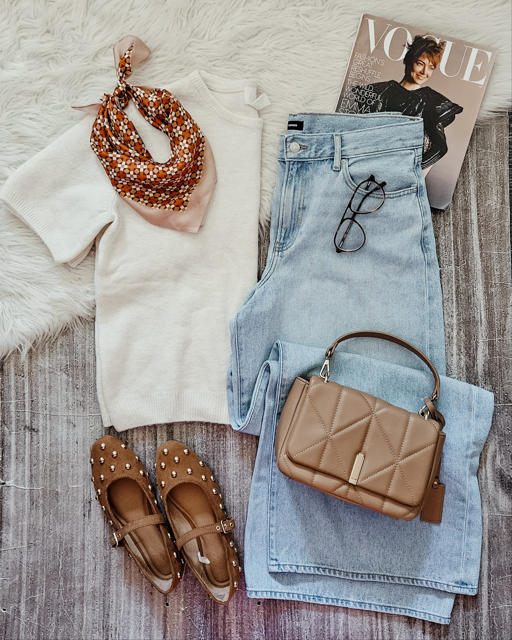 Fall Transition outfit, early fall outfit, wide leg palazzo jeans, short sleeve sweater, silk scarf, ballet flats 

#LTKOver40 #LTKStyleTip #LTKMidsize