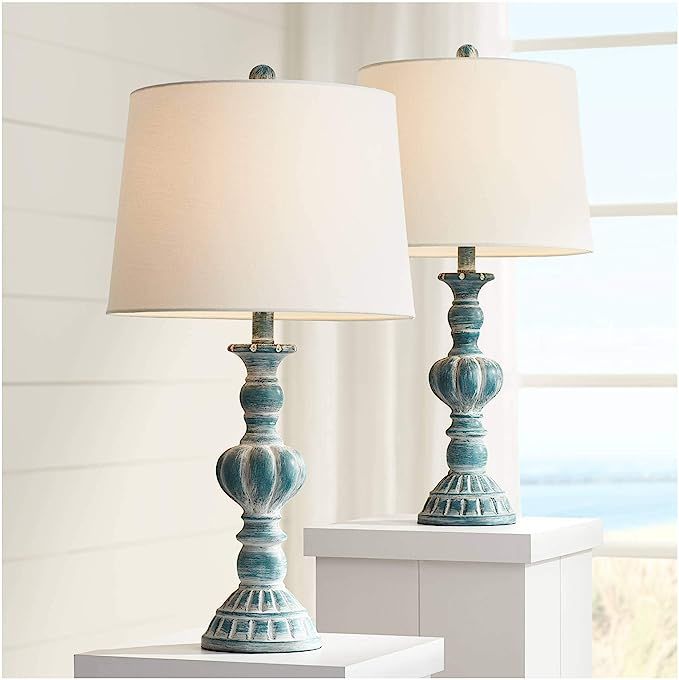 Tanya Coastal Traditional Vintage Style Table Lamps 26.5" High Set of 2 Blue Washed White Tapered... | Amazon (US)
