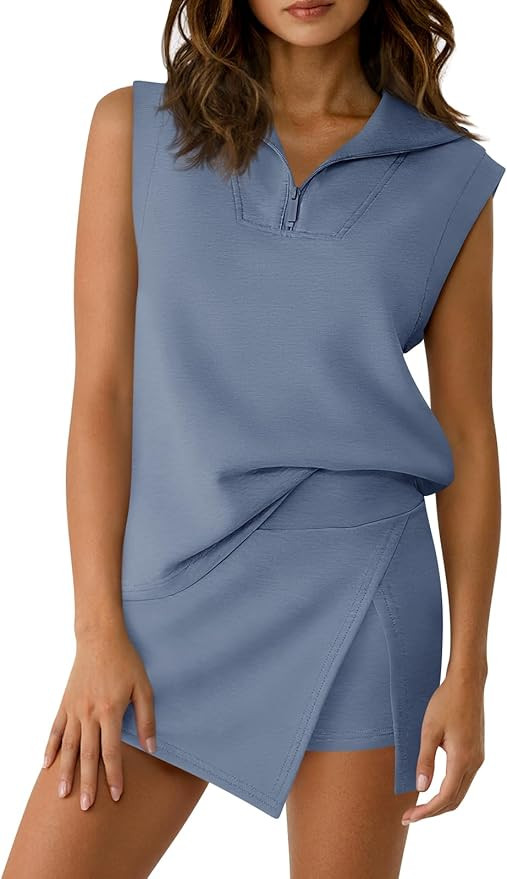 Fisoew Womens 2 Piece Skirt Sets Summer Sleeveless Half Zip Sweatshirt Athletic Skorts Tennis Out... | Amazon (US)