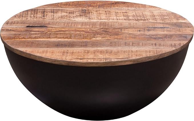 Benjara 28 Inch Storage Coffee Table, Round Drum Silhouette, Wood, Base, Brown and Black | Amazon (US)