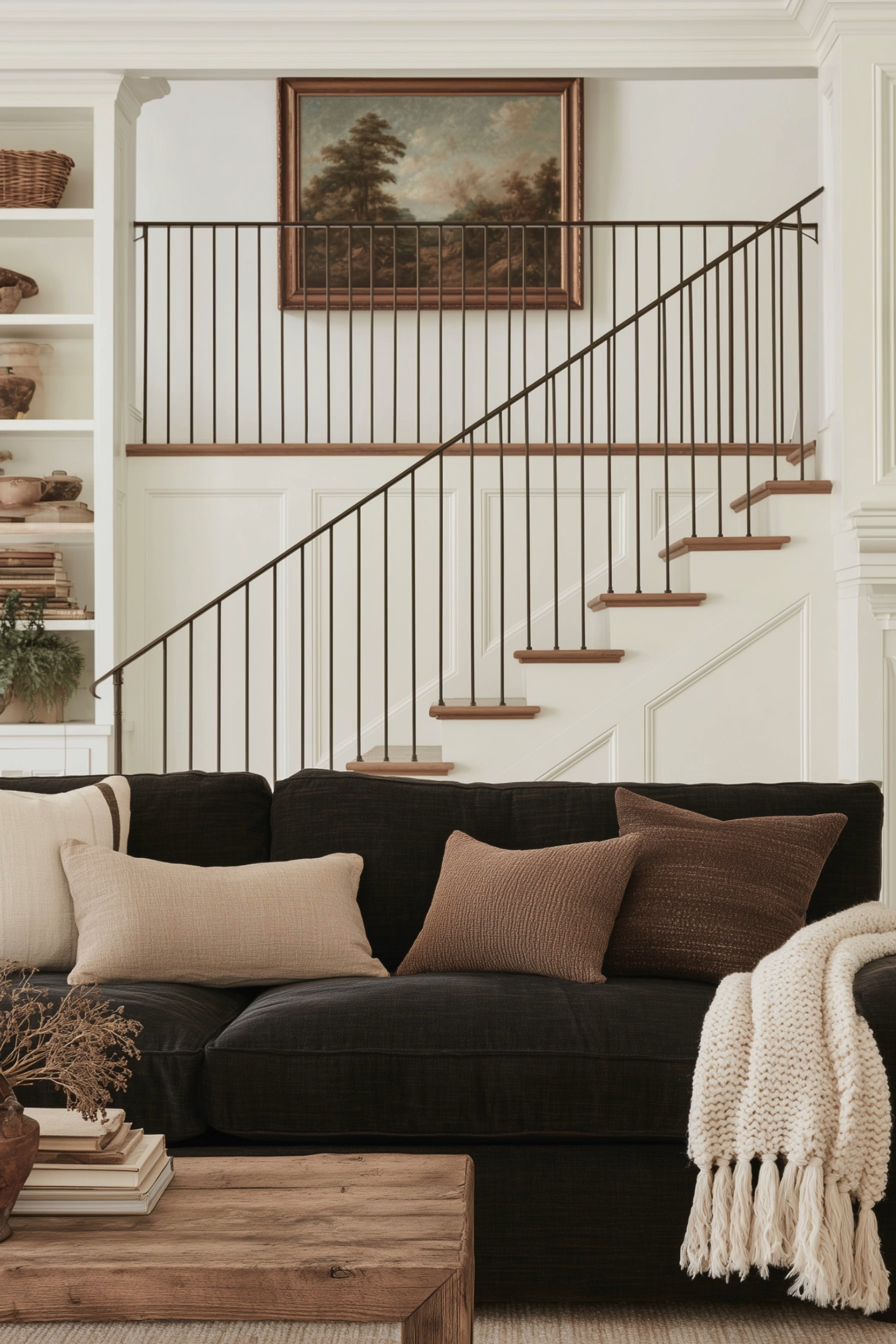 Cozy Fall Living Room Inspiration 🤎 This warm modern traditional living room pairs a deep chocolate brown sofa with creamy neutrals, earthy taupe pillows, and a chunky knit throw for an inviting layered look. A rustic wood coffee table, vintage landscape artwork, classic wall molding, built-in shelves, woven baskets, and warm wood stair details bring timeless character to the space. The mix of dark upholstery, natural textures, and soft ivory accents creates an elevated yet comfortable fall living room perfect for cozy seasonal styling.

🖤 If you want to see more content like this, FOLLOW maeveandmodern on LTK, Instagram, and Pinterest! Check out our blog where we post daily, maeveandmodern.com!

Fall Living Room Decor | Cozy Fall Living Room | Chocolate Brown Sofa | Brown Couch Styling | Modern Traditional Living Room | Warm Neutral Living Room | Neutral Throw Pillows | Brown Throw Pillows | Chunky Knit Throw | Cream Throw Blanket | Rustic Coffee Table | Wood Coffee Table | Vintage Landscape Art | Built In Shelves | Bookshelf Styling | Woven Baskets | Traditional Home Decor | Wall Molding | Staircase Inspiration | Black Iron Railing | Earth Tone Decor | Cozy Home Decor | Warm Wood Furniture | Fall Home Refresh | Designer Living Room Inspiration | Timeless Interiors 

 #LTKHome #LTKSaleAlert #LTKFindsUnder100 #LTKSeasonal #LTKHome #LTKSaleAlert