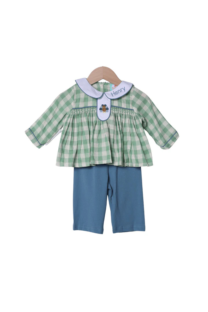 Bullion Turkey Mint/Stone Linen Gingham Pant Set | The Smocked Flamingo