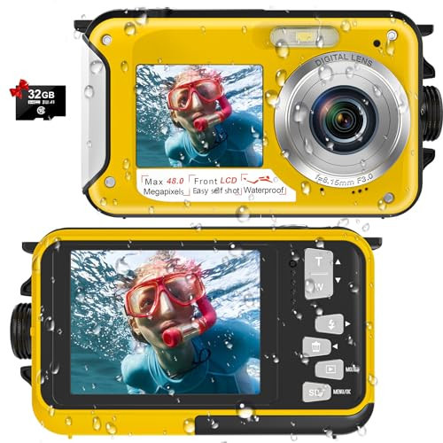Waterproof Digital Camera Underwater Camera Full HD 2.7K 48 MP Video Recorder Selfie Dual Screens 16X Digital Zoom Flashlight Waterproof Camera for Snorkeling (Yellow) | Amazon (US)