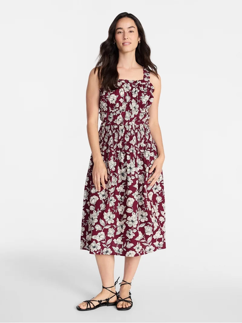 Time and Tru Women's and Women's Plus Sleeveless Smocked Peasant Midi Dress, Sizes XS-4X | Walmart (US)