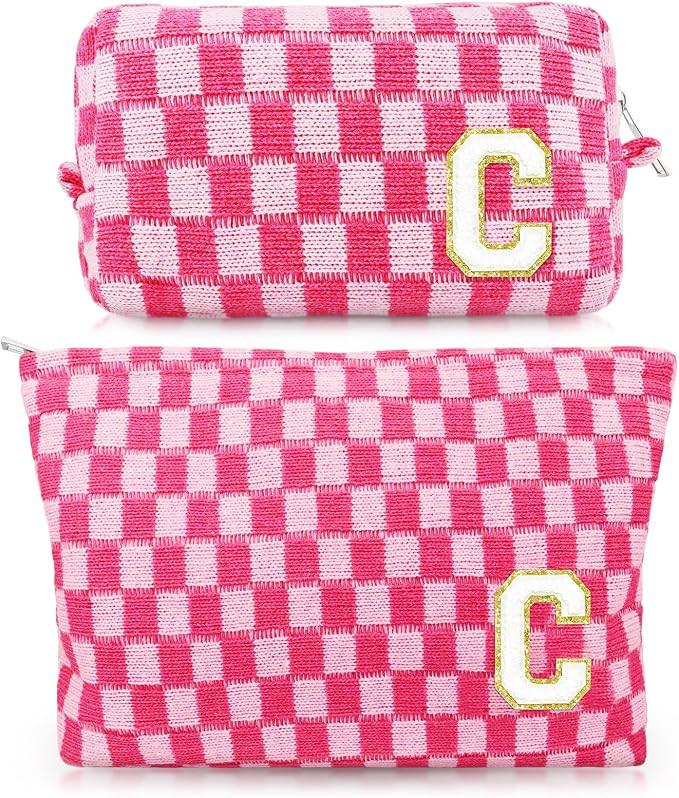2 Pack Checkered Makeup Bag Cosmetic bags for Women Girls Initial Large Capacity Travel Toiletry ... | Amazon (US)