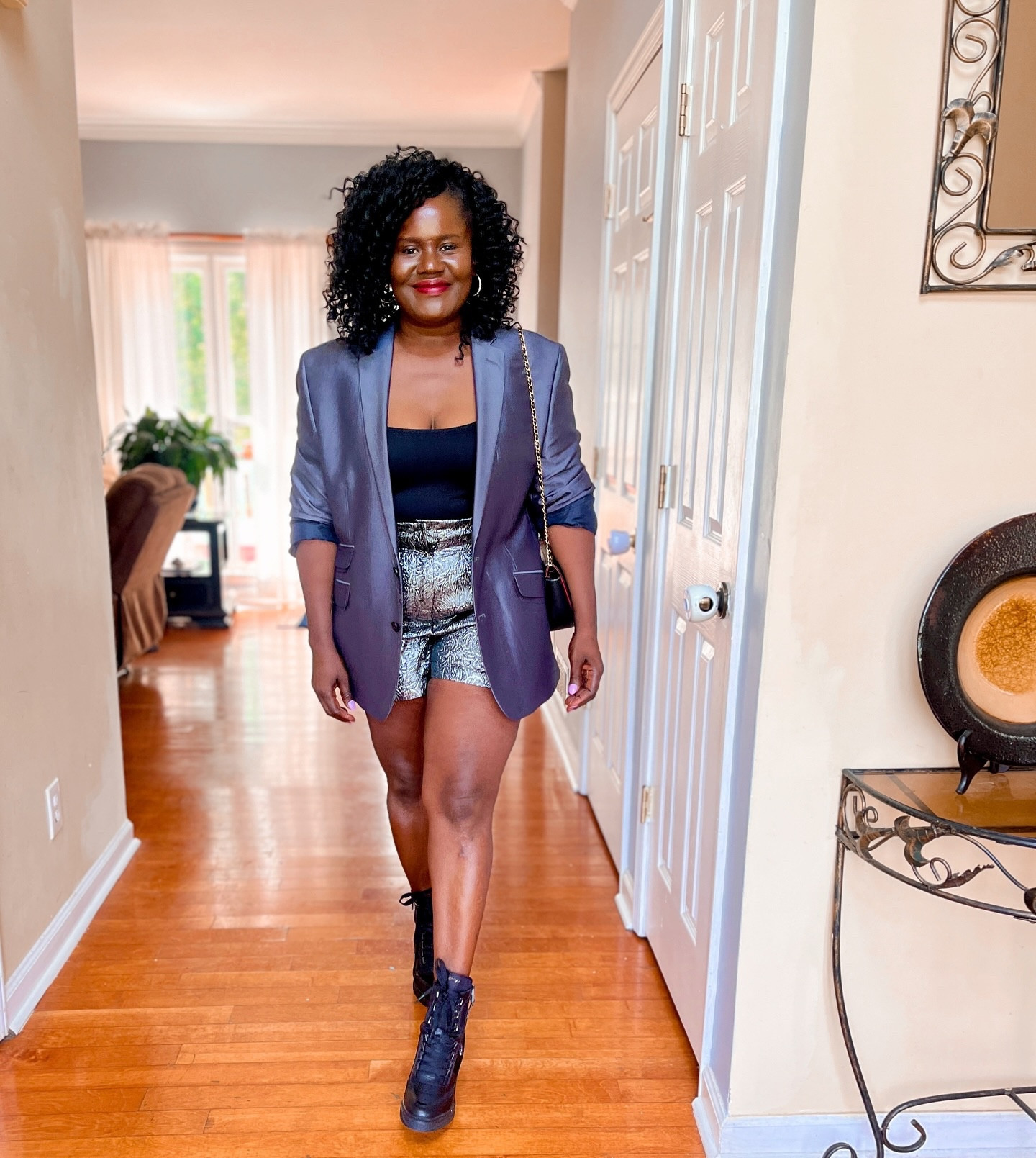 Back like I never left.😂
.
Confidence is the best accessory. Style is how you wear it.
.
Style tip: Contrast creates impact.✨
Pairing flashy statement pieces—like these “electrified” shorts—with neutral staples (hello, gray blazer!) tones things down just enough to keep it classy, not chaotic.
.
Shorts: thrifted 
Blazer: stolen from hubby 
Boots: @dkny 
Bag: Guess ( I mean really) 😆 
Hairstyle: idea from my son
.
.
#StyleTips #FashionEducation #HowToStyle #StatementPieces #BoldAndBalanced #outfitideas #outfitinspiration

#LTKOver40 #LTKStyleTip #LTKSummerEdit