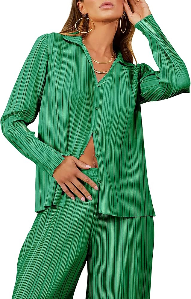 UANEO 2 Piece Outfits for Women Summer Plisse Set Outfit Button Down Shirts Sets Y2K | Amazon (US)