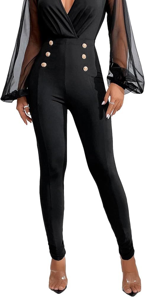 OYOANGLE Women's Double Button Elastic High Waist Work Office Leggings Skinny Pants | Amazon (US)