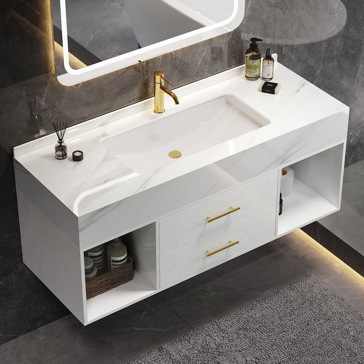 40" Floating White Bathroom Vanity with Sintered Stone Vessel Sink | Homary