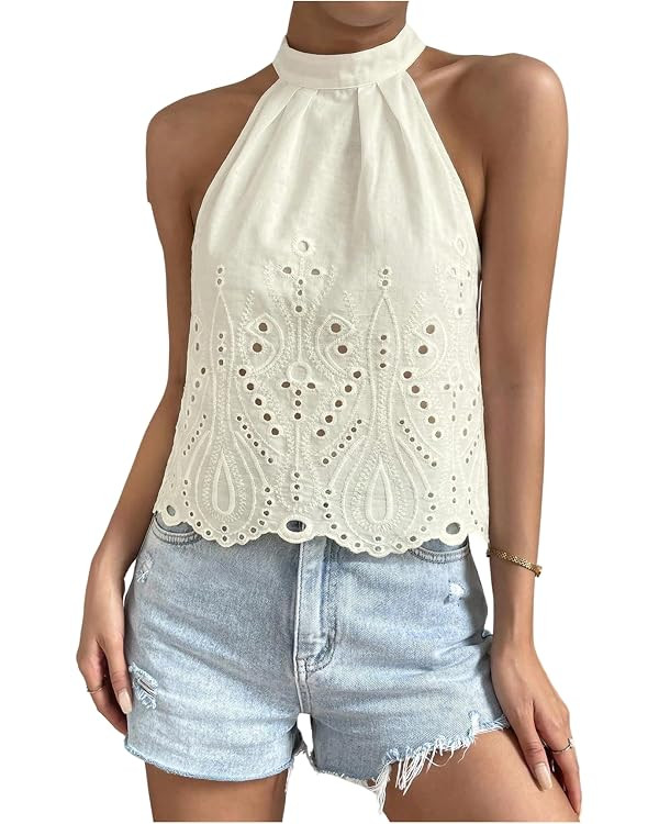 SHENHE Women's High Neck Halter Tank Tops Eyelet Hollow Out Keyhole Back Sleeveless Boho Going Ou... | Amazon (US)