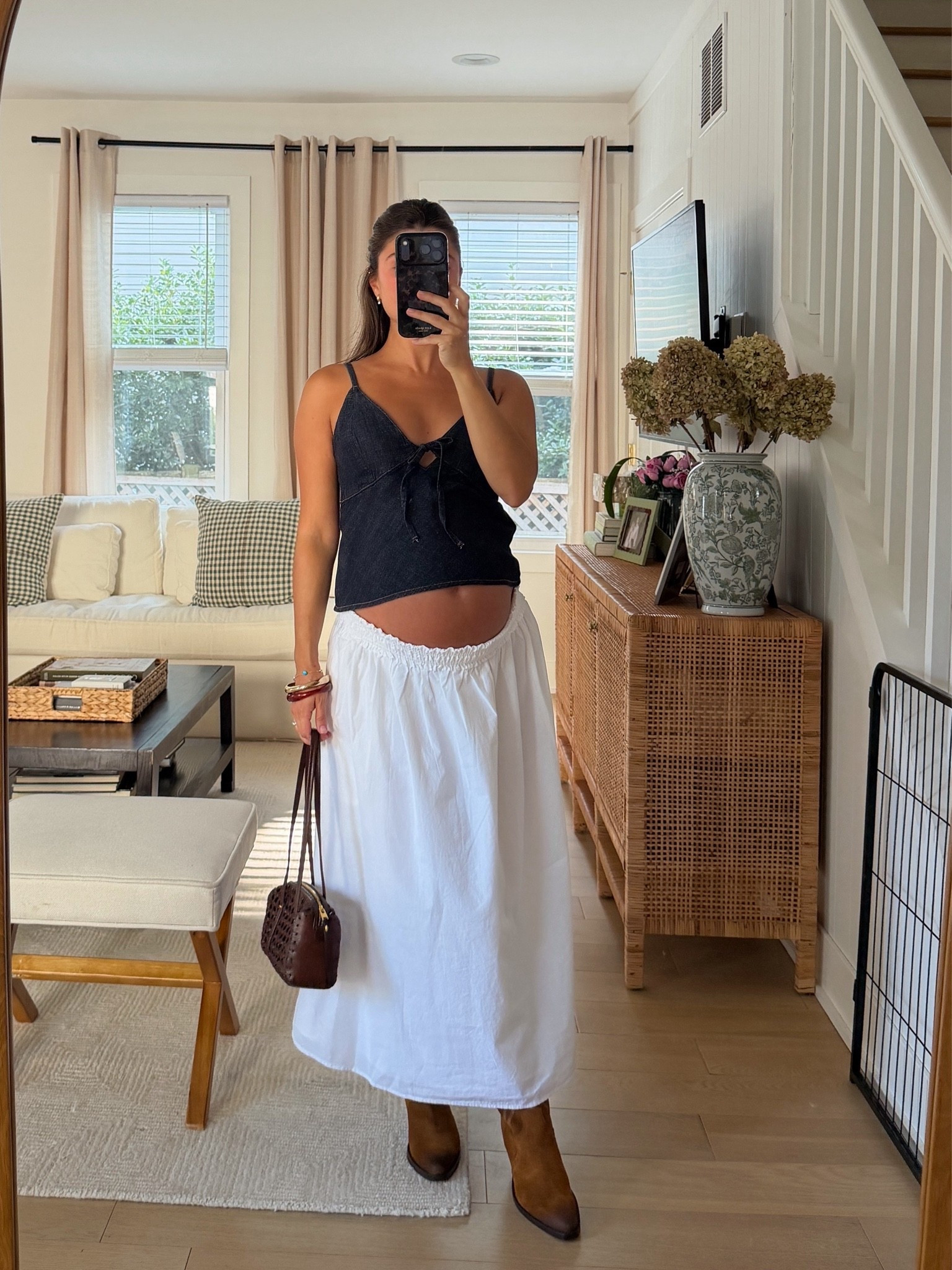 wearing xs in top and skirt! 32 weeks pregnant! I tucked the skirt band in so it was a bit thinner for this outfit. Code AFVIVIANE works on Abercrombie, ends today (7/20/26) top is from a couple months ago, I believe the denim color is slightly lighter that’s in stock.

#LTKSaleAlert #LTKPetite #LTKBump
