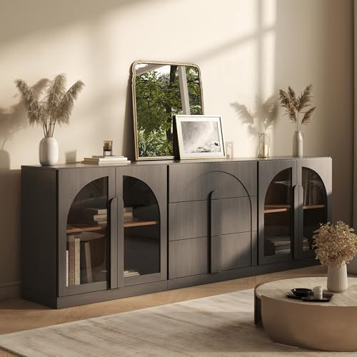 BELLEZE 3-Piece Modular Sideboard Cabinet Freely Configurable, Modern Wood Buffet Cabinet Contain 2 Arched Cabinets and a 3-Drawer Storage, Media Console Credenza for Living Room Kitchen, Ebony | Amazon (US)
