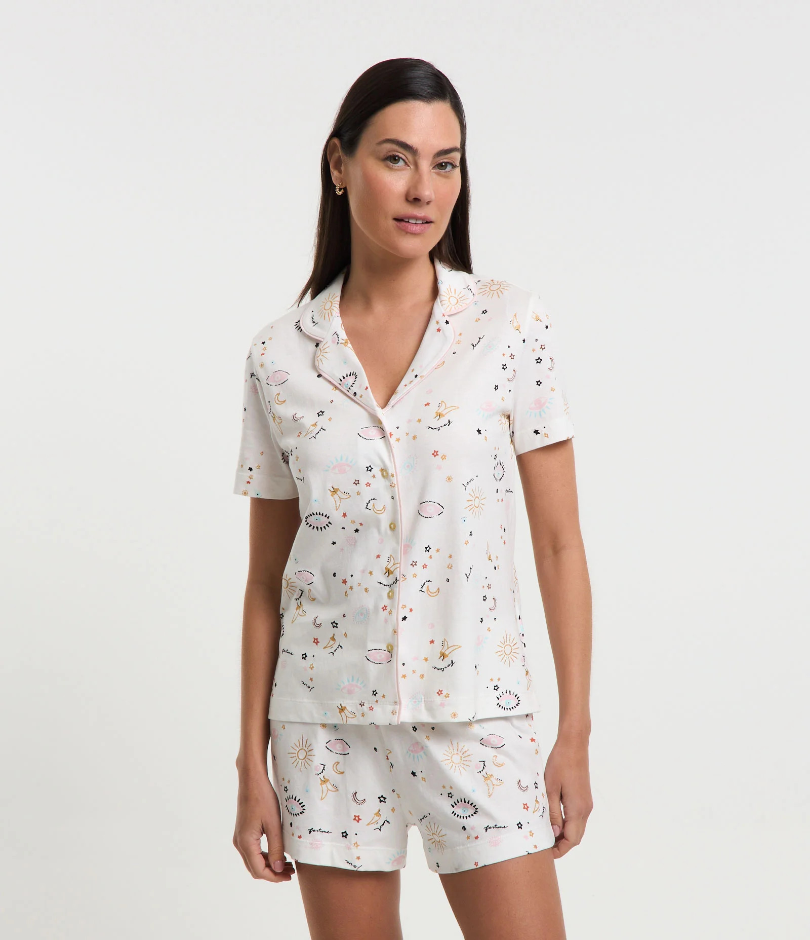 Pijama Short Doll Curto em Algodão com Estampa Olho Grego Branco Neve - Lojas Renner | Renner (BR)