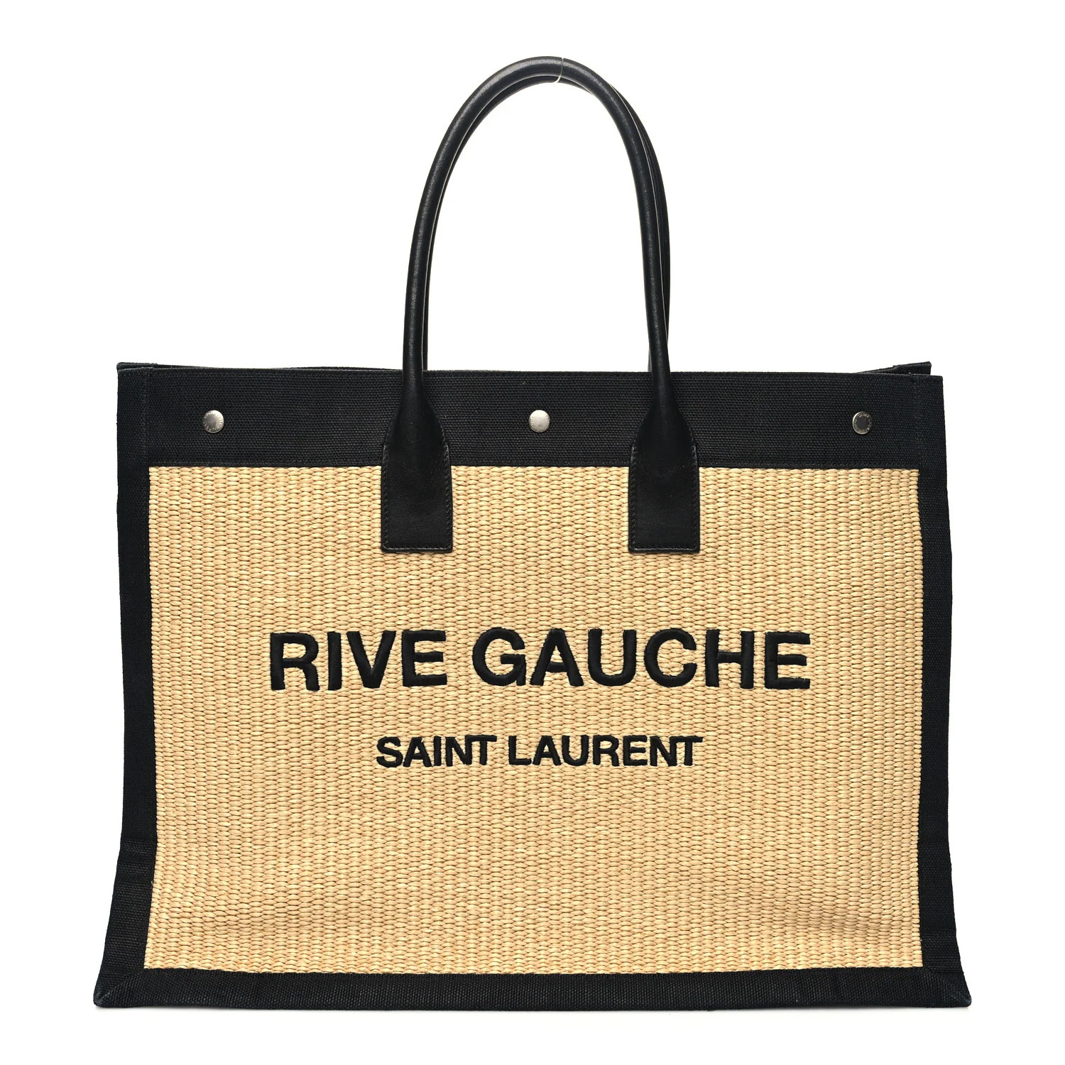 Raffia Linen Calfskin Rive Gauche Tote Naturale Black | FASHIONPHILE (US)