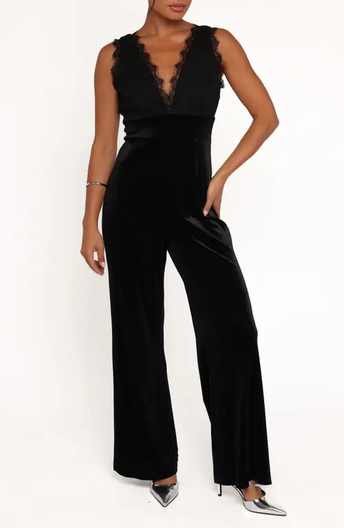 Petal & Pup Eloise Lace Trim Wide Leg Jumpsuit in Black Velvet at Nordstrom, Size Medium | Nordstrom