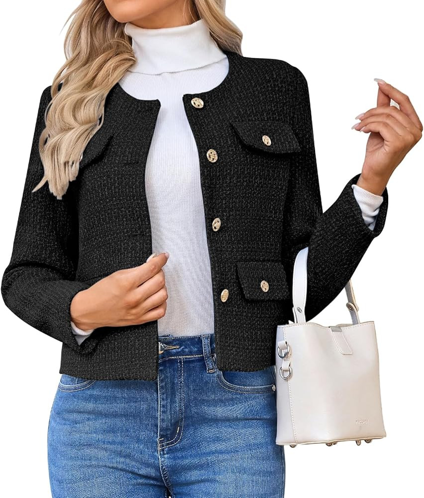 Women's Tweed Blazers Jackets Casual Long Sleeve Button Down Business Short Casual Cropped Coats | Amazon (US)