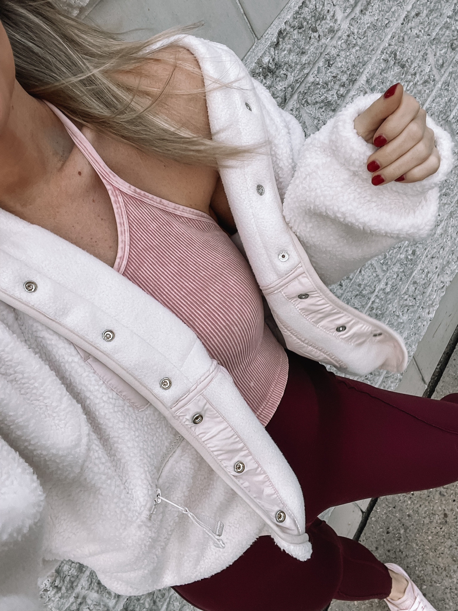 Free People cropped fleece zip up jacket, Free People active pink ribbed cropped tank top, Lululemon burgundy leggings, pink sneakers, athleisure look, gym fit

#LTKfit #LTKFind #LTKU