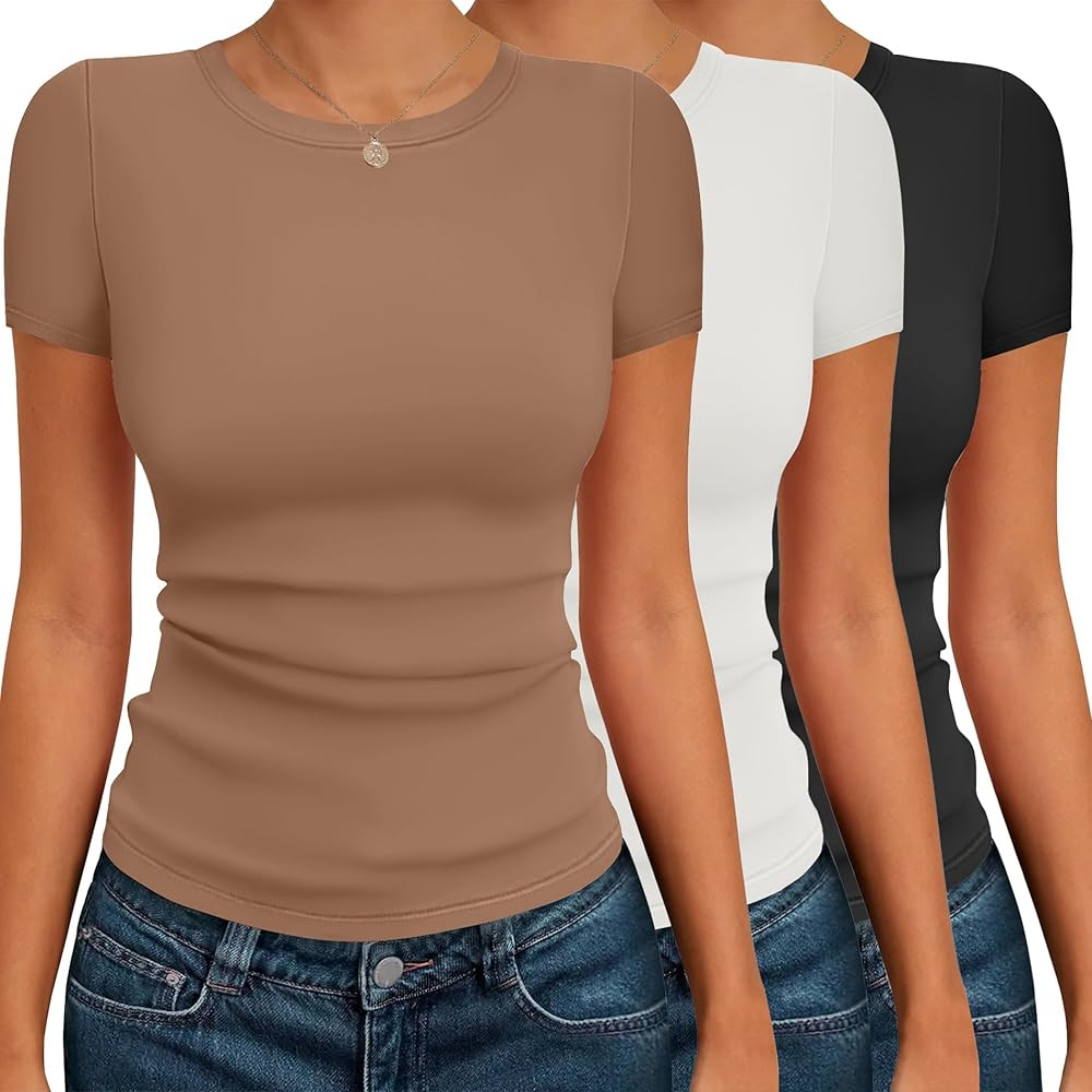 Ekouaer Womens Basic Tee Shirts 3 Pack Short Sleeve Crew Neck Thermal Underwear Tops Base Layer | Amazon (US)