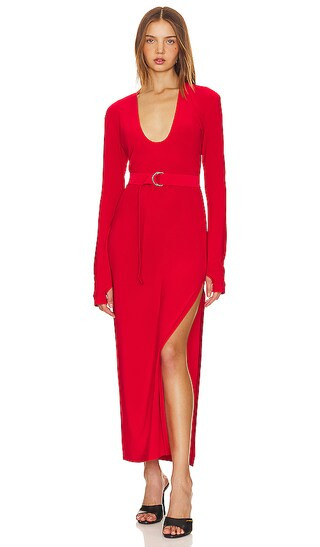 Long Sleeve Deep U Neck Side Slit Gown in Tiger Red | Revolve Clothing (Global)