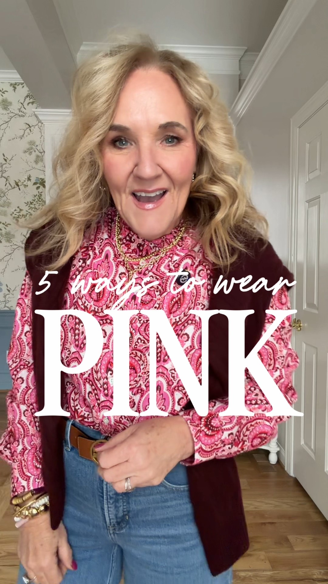 A few favorite pink styles 
Blouse size medium 
Jeans medium petite 
Quince cashmere burgandy size large 
Pale pink blouse medium 
Chambray skirt 8
Pink pants 6 reg 
Quince merino wool jacket medium 
Striped blouse medium 
Navy blazer 10 petite 
Pink cardigan medium 
Brown gingham blouse medium 
Ecru Jeans 29 petite 
Faux suede blazer medium petite size down if petite not avail 
Striped tee is fitted size medium 
Spanx barrel Jean medium petite 
Pink sneakers tts with socks 
Allie & Bess warehouse sale starts Wednesday 28th at 8 CST shop then! 

#LTKSaleAlert #LTKValentine #LTKOver40