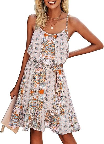 PRETTYGARDEN Women’s Summer Spaghetti Strap Dresses Floral Print Crewneck Sleeveless Ruffle Min... | Amazon (US)
