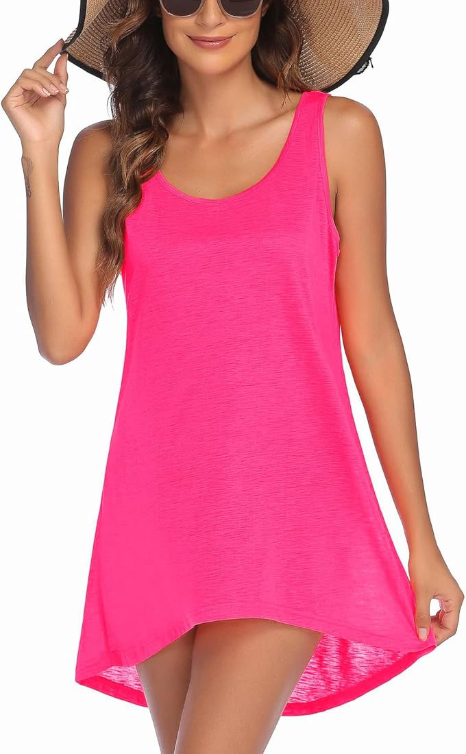 Ekouaer Women's Sleeveless Swimwear Coverups T-Shirt Beach Dress Tank Bikini Cover Up with Print | Amazon (US)