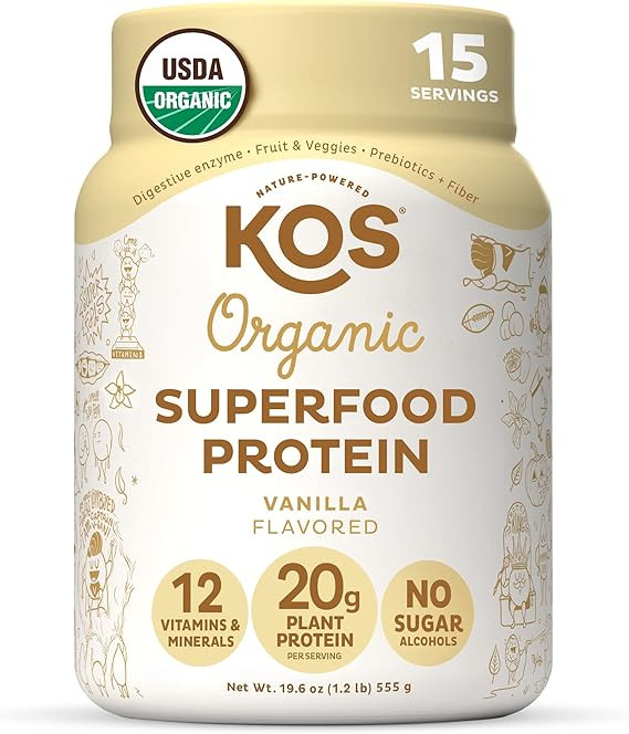 KOS Vegan Protein Powder Erythritol Free, Vanilla - USDA Organic Pea Protein Blend, Plant Based S... | Amazon (US)