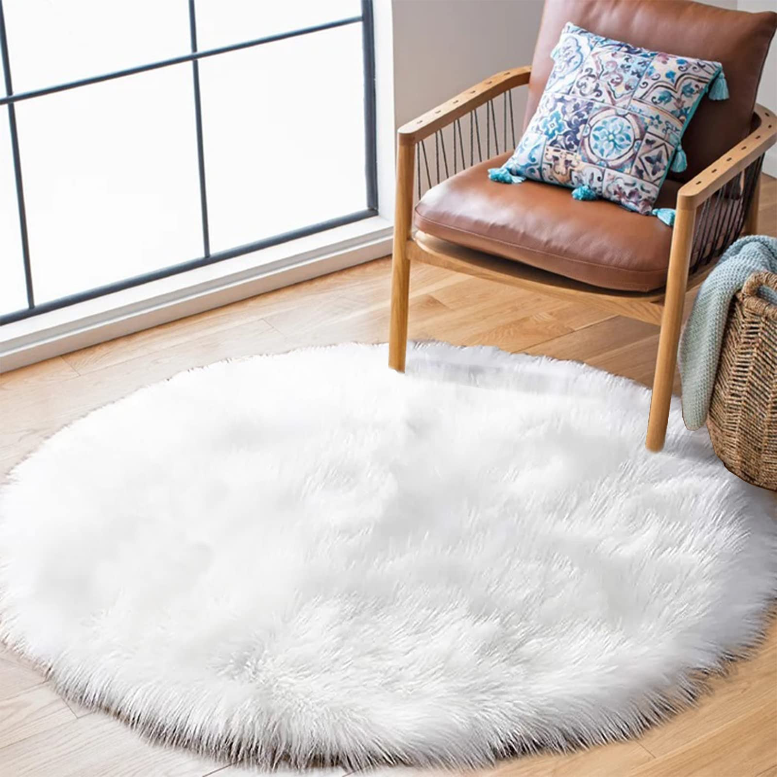 Round Rug 3ft White Faux Fur Rug Fluffy Washable Shag Rug for Living Room Fuzzy Small Circle Rug for Bedroom Dorm Plush Rug Room Decor | Amazon (US)