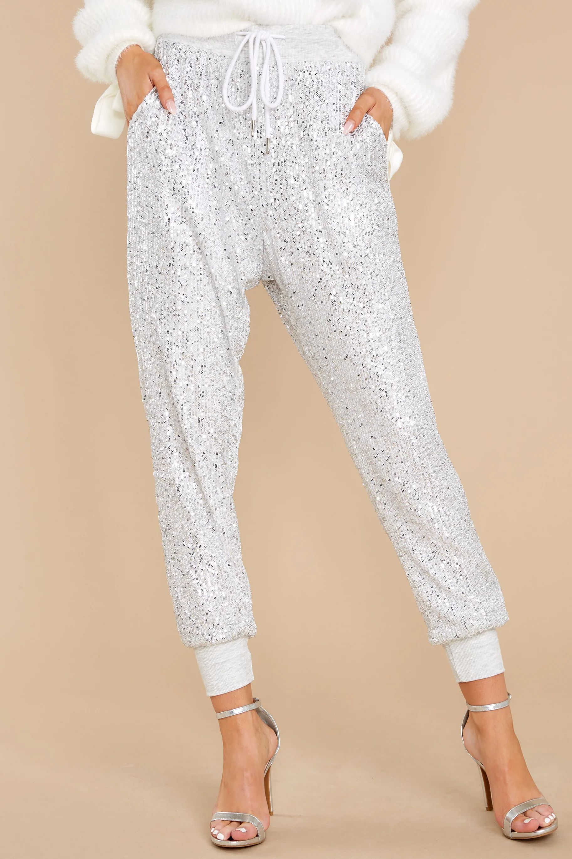 Marquee Glitter Silver Sequin Pants | Red Dress 