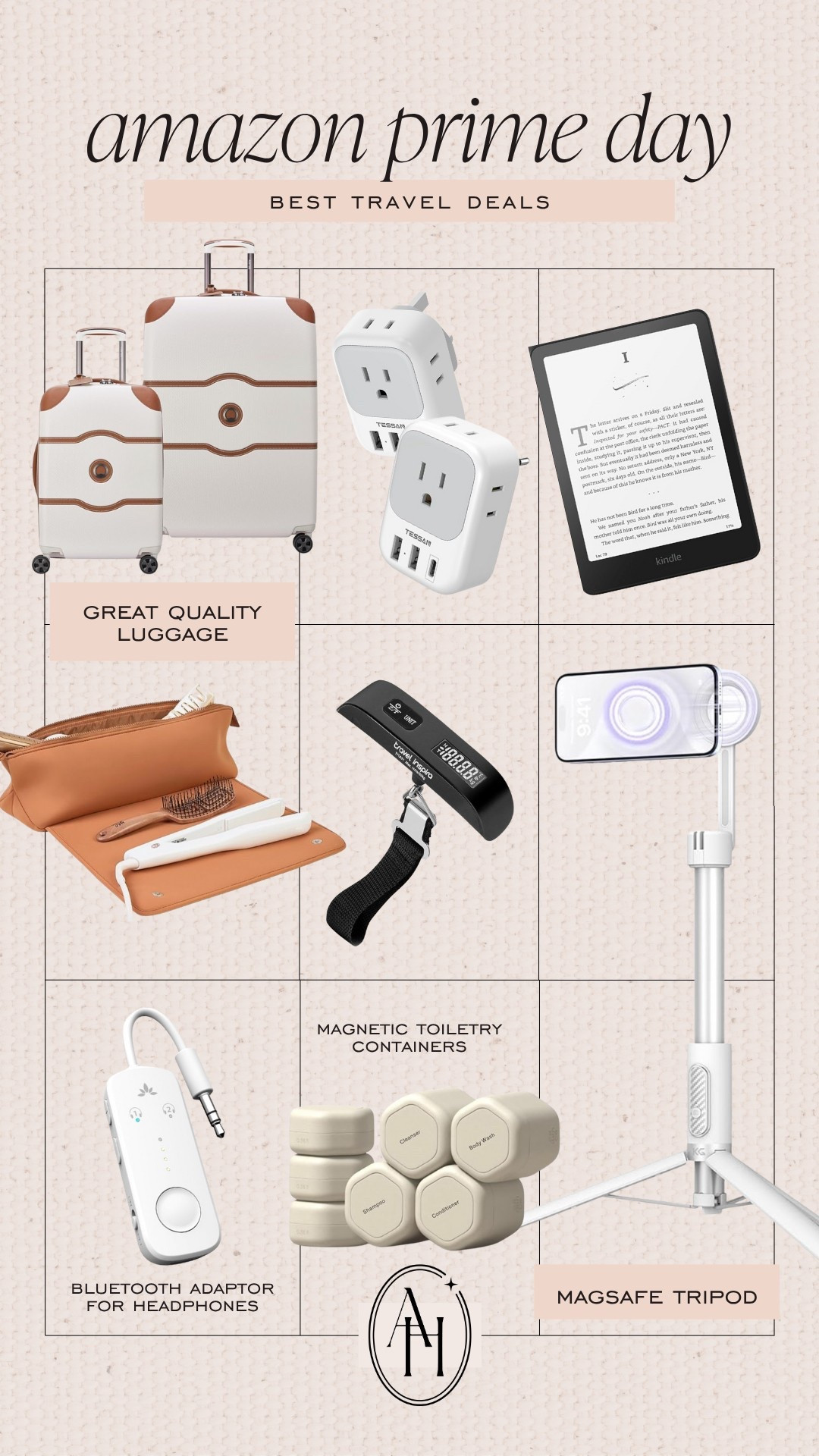 Travel essentials included in prime day:
• wireless hot spot (international)
• international plugs
• hair accessories pouch 
• luggage scale 
• MagSafe tripiod (64”)
• Bluetooth headphone adapter for flights so you can watch screen without being connected by your headphones
• sleek, neutral luggage set 
All on sale thanks to Amazon prime day!

#LTKSaleAlert #LTKTravel