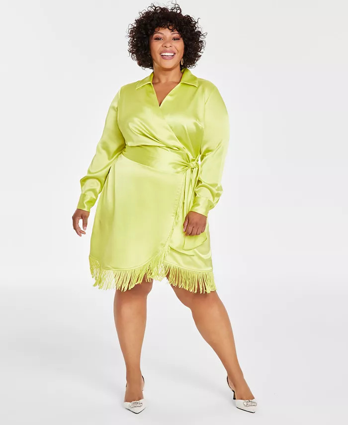 INC Plus Size Fringe-Trim Satin Shirtdress, Created for Macy's | Macy's