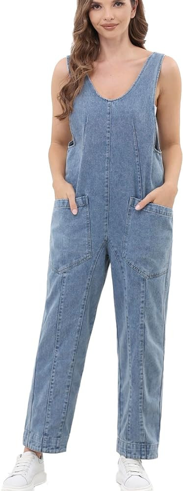 VOHOTO Womens Overalls Denim Baggy Loose Fit Jean Jumpsuit High Roller Adjustable Straps Sleevele... | Amazon (US)
