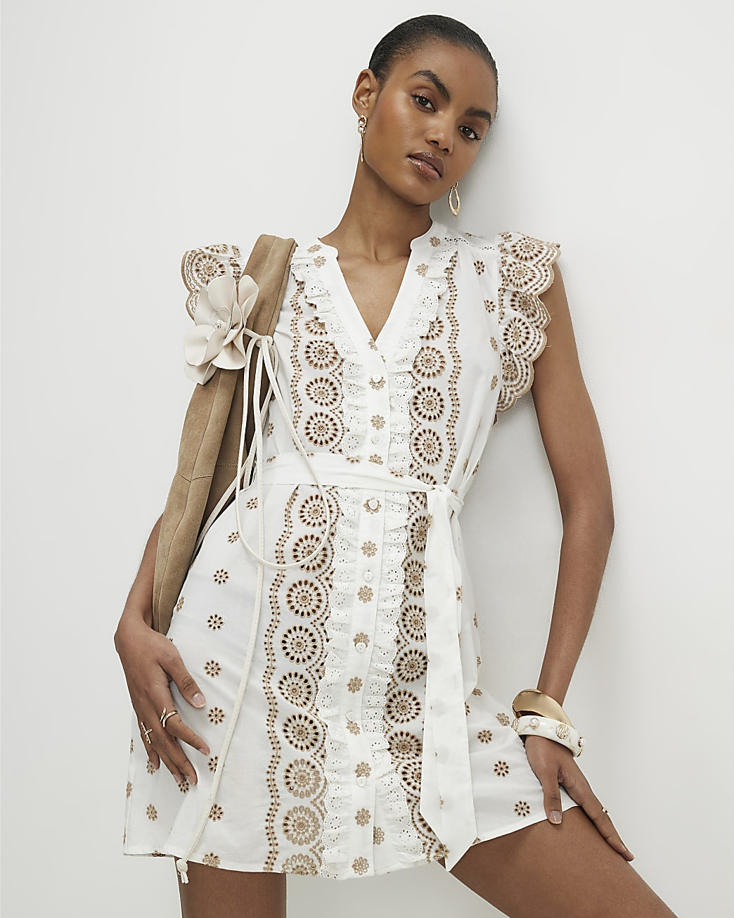 Beige Cotton Broderie Ruffle Dress | River Island UK & IE