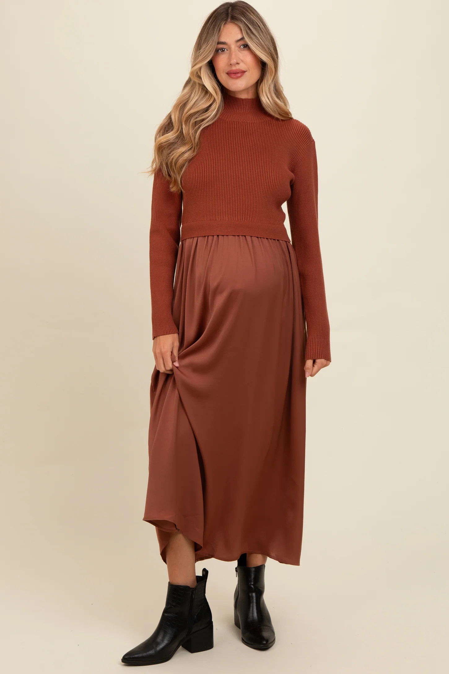 Brown Knit Contrast Top Satin Maternity Midi Dress | PinkBlush Maternity