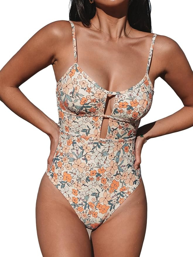 CUPSHE Women's One Piece Swimsuit Scoop Neck Adjustable Straps Cutout Back Self Tie Bathing Suit | Amazon (US)