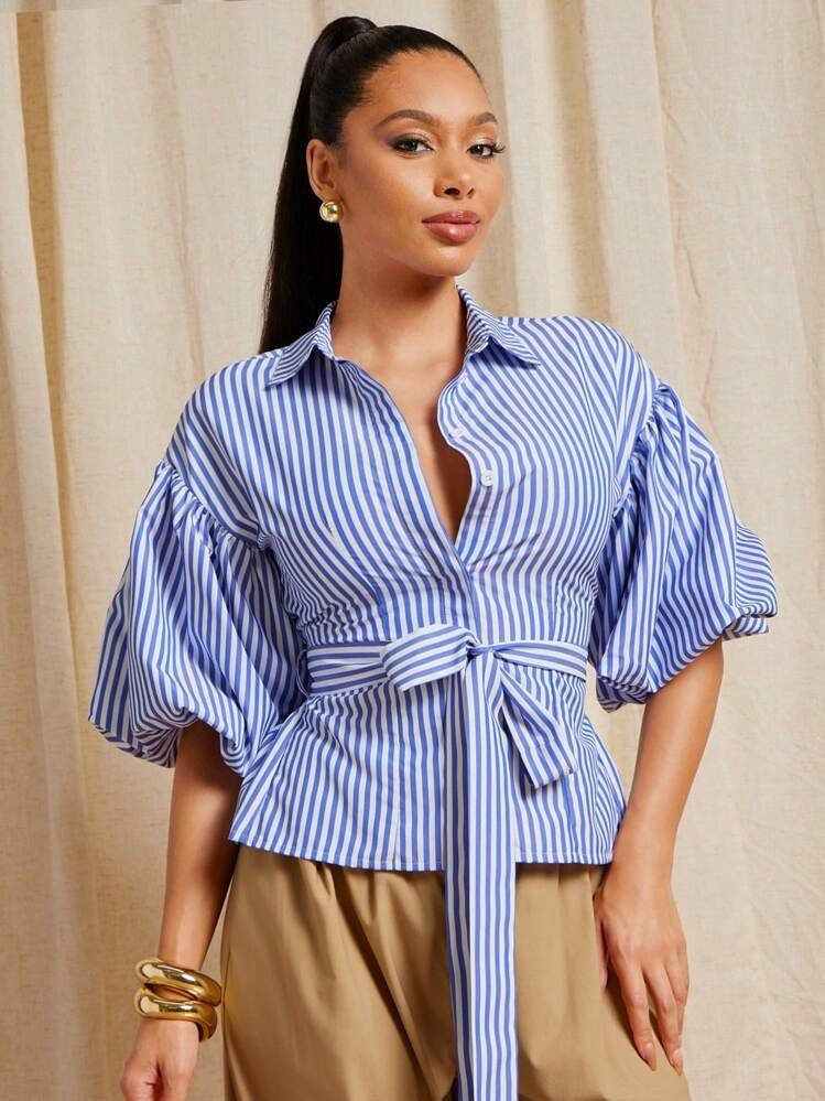 Vixey Striped Puff Sleeve Shirred Back Button Up Office Shirt, Business Casual Women, Office Outfits For Women, Work Clothes Women | SHEIN