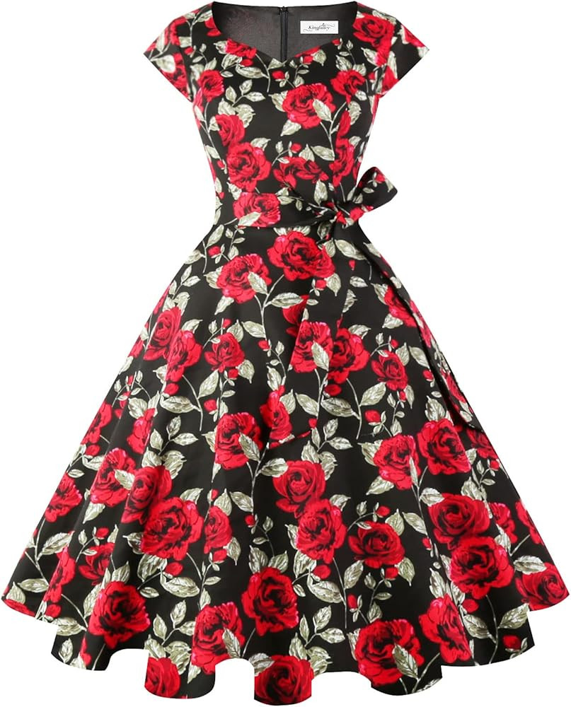 Kingfancy Women Vintage 1950s Dress Retro Cocktail Party Swing Dresses with Cap Sleeves | Amazon (US)