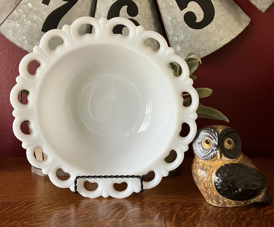 Milk Glass 9 1/2" Open Lace Heart Edge Bowl. Vintage Anchor Hocking. Mint Condition, wedding whit... | Etsy (US)