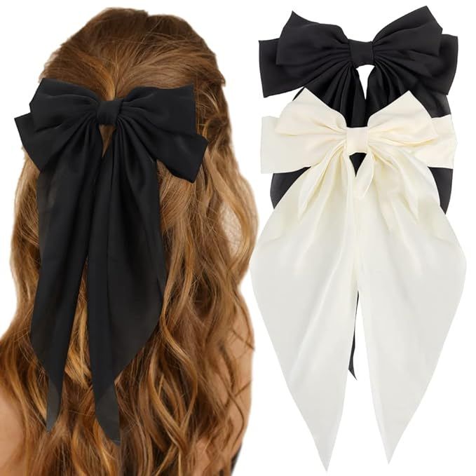 Silky Satin Hair Bows 2Pcs Big Hair Bows for Women Hair Ribbons Oversized Long Tail White Hair Bo... | Amazon (US)