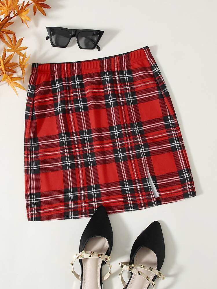 SHEIN EZwear Plaid Split Detail Skirt | SHEIN