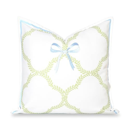 Hofdeco Premium Coastal Grandmillennial Patio Indoor Outdoor Throw Pillow Cover Only, 20"x20" Water Repellent for Backyard, Couch, Poolside, Grass Green Embroidered Ribbon Bow Tie on Leaves | Amazon (US)