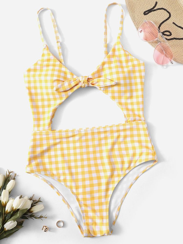 Gingham Cut-out Knot One Piece Swimsuit | SHEIN