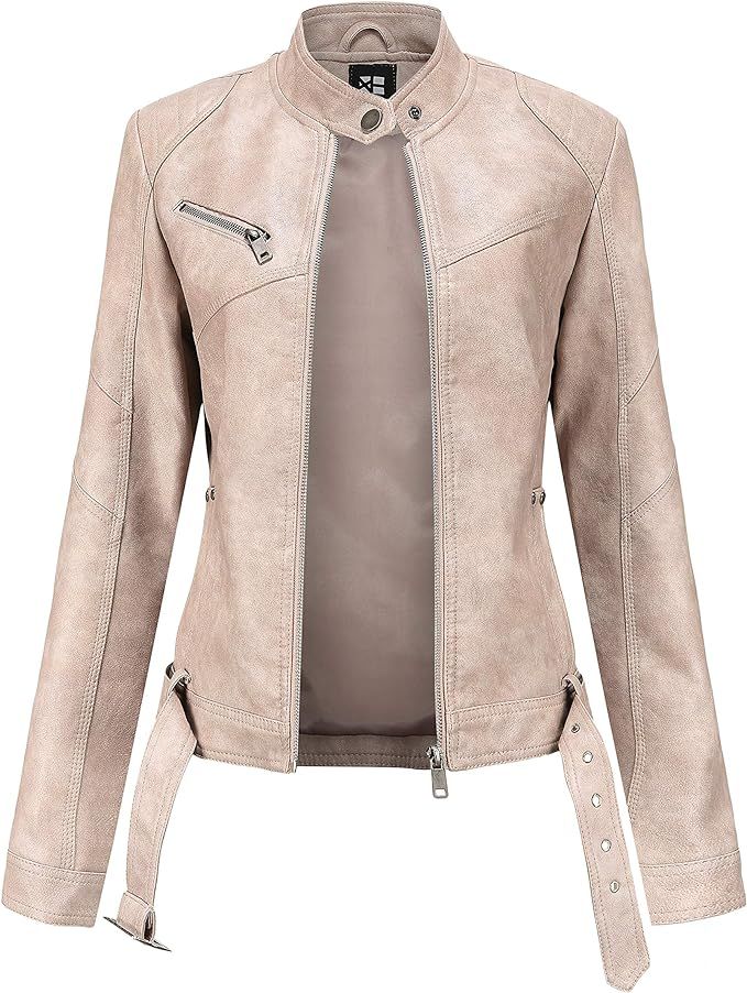 Tagoo Faux Leather Jacket Women Bomber Jacket Cropped Jacket Moto Coat for Biker with Belt | Amazon (US)