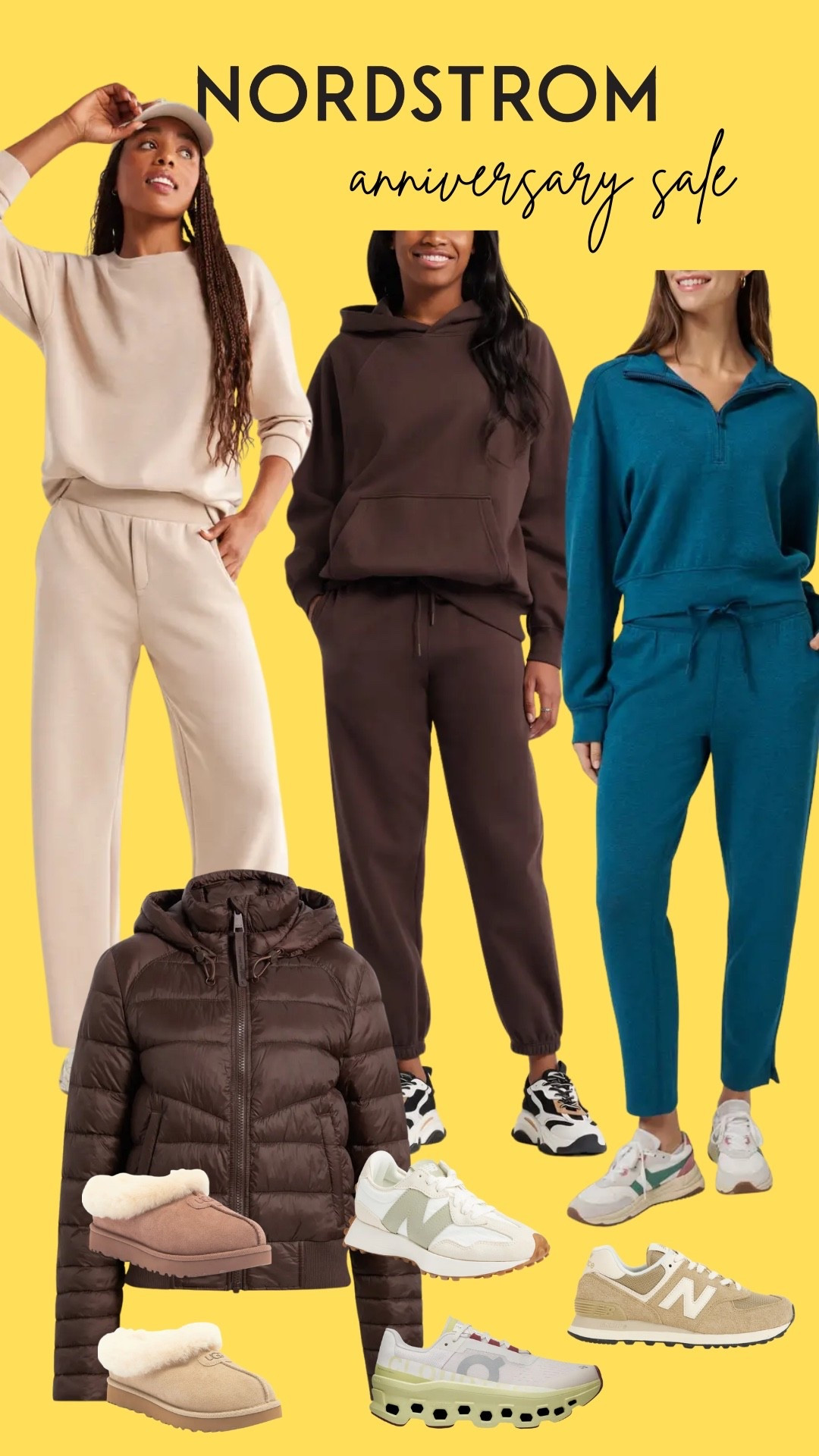 Nordstrom anniversary sale, sweats, matching set, winter, fall, cozy style, warm navy, kingfisher, brown matching set, off white, cream sweats, brown coat, puffer, New balance, cloudnova sneakers, Uggs, casual style, ski trip

#LTKSaleAlert #LTKStyleTip #LTKSeasonal