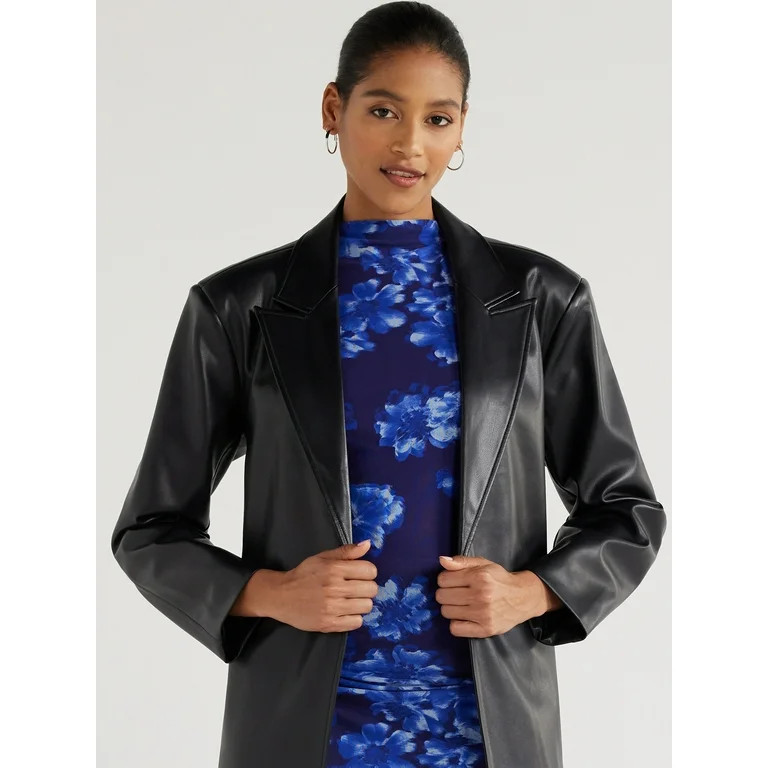 Scoop Women's Faux Leather Trench Coat with Padded Shoulders, Sizes, XS-XXL | Walmart (US)