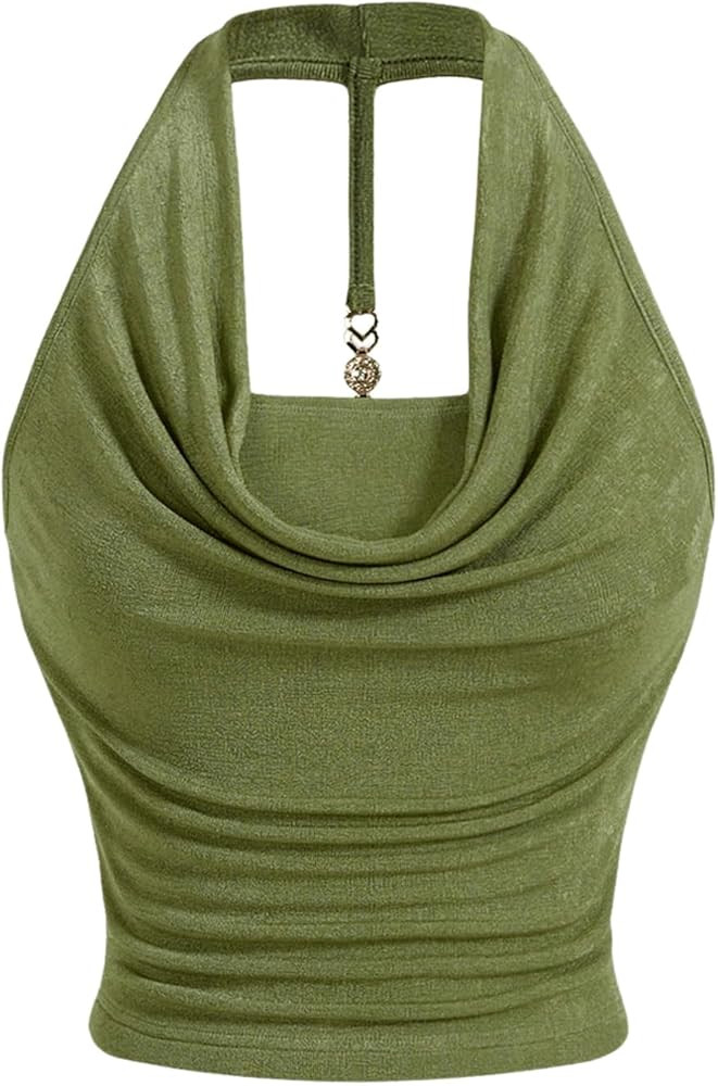Milumia Women Ruched Halter Y2k Crop Tops Backless Cowl Neck Sleeveless Shirts | Amazon (US)