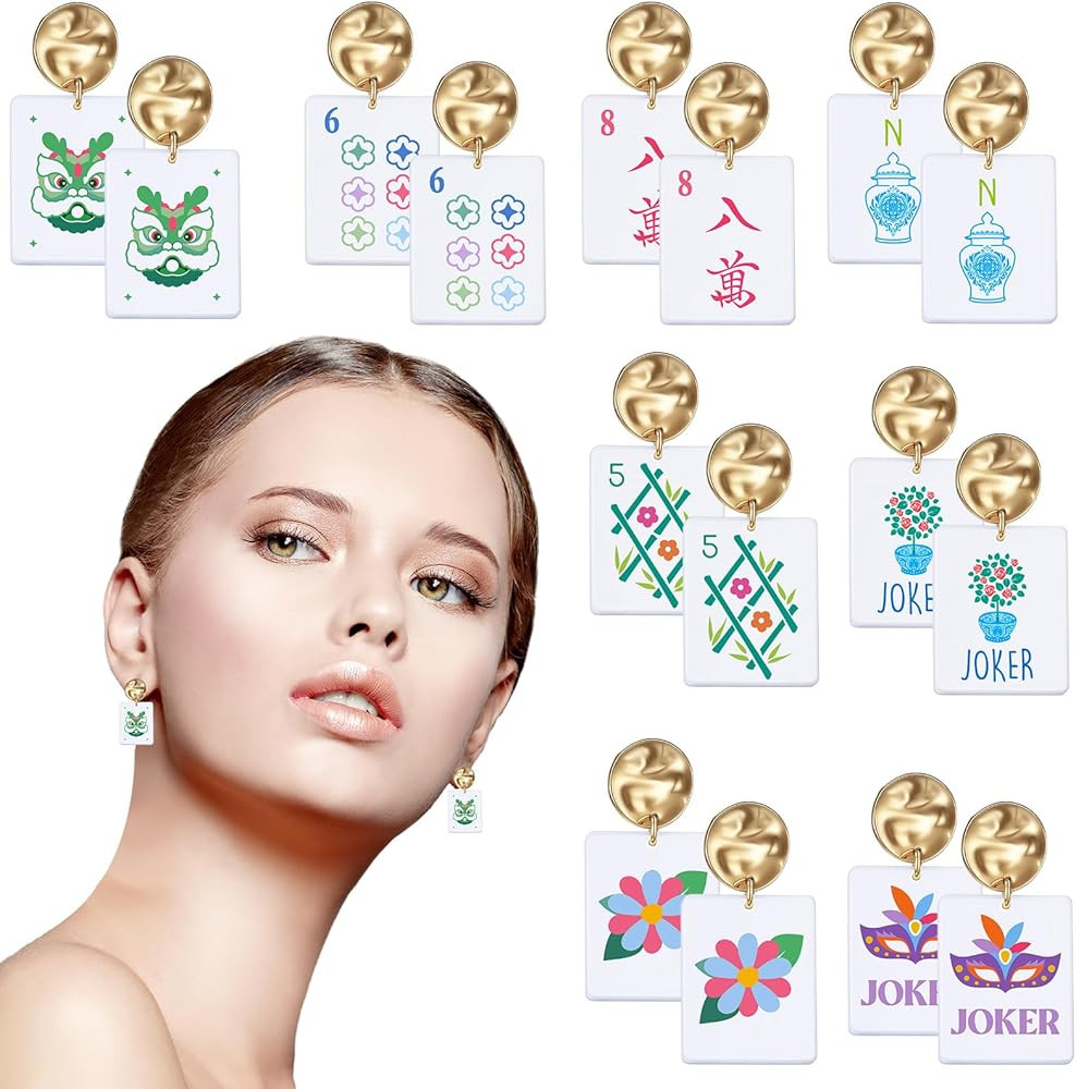 Highergo 16 Pcs Mahjong Earrings Women Acrylic Mahjong Dangle Earrings Funny Geometric Creative E... | Amazon (US)